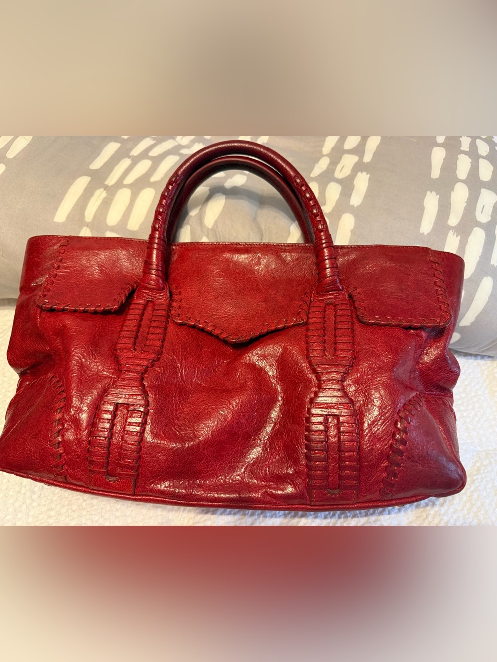 Rebecca Minkoff Red Leather Woven-Trim Satchel with Crossbody Strap